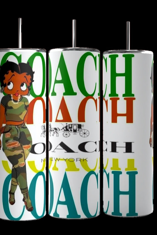 The Betty B Coach 20oz Skinny Tumbler by Kreative Kreationz features bold, colorful text 
