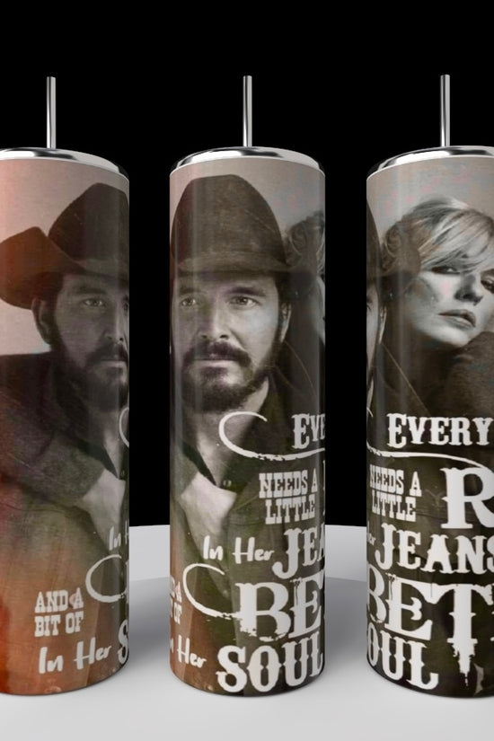 Three Kreative Kreationz Yellowstone 20oz stainless steel tumblers display a cowboy hat-wearing man and a woman, with the phrase, 