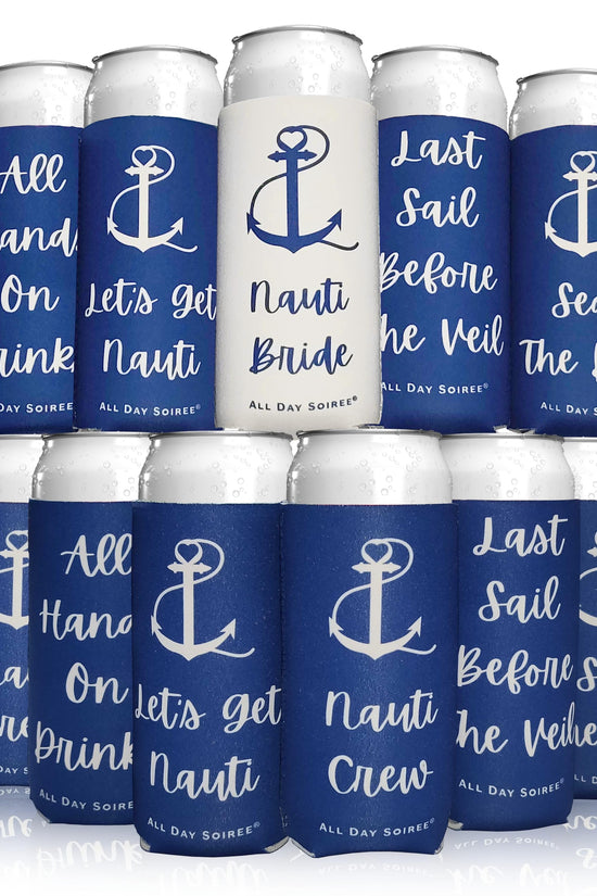 Nine nautical-themed cans feature blue designs that say 