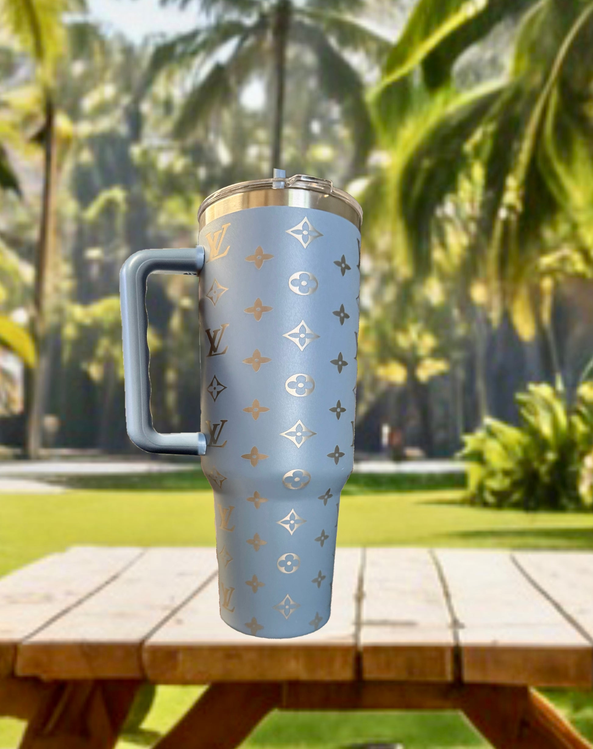 LV Inspired 40oz Grey-Blue Engraved Tumbler