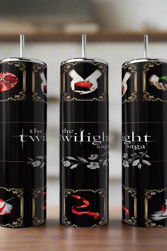 Three Twilight 20oz Tumblers by Kreative Kreationz, each featuring “The Twilight Saga” text and iconic book cover images, blend eco-friendly materials and luxury-inspired design—perfect for fans on your kitchen counter.