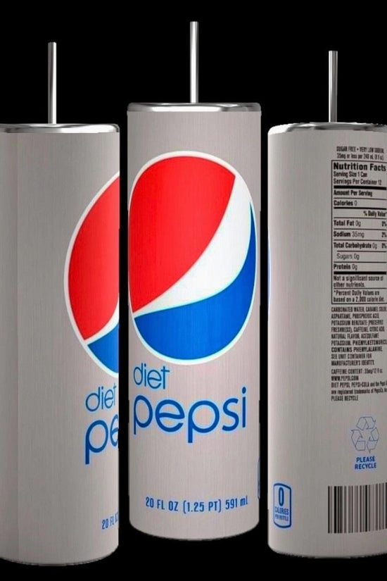 Three silver cans of Diet Cola 20oz Tumblers by Kreative Kreationz are shown against a black background. The front can displays the blue, white, and red Pepsi logo with 