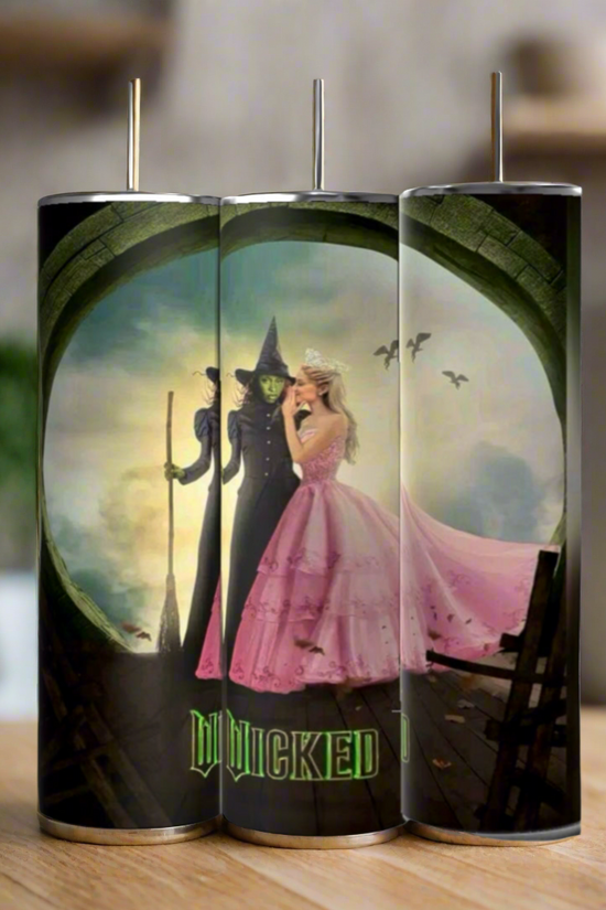 The Kreative Kreationz Wicked Whisper 20oz Tumbler set features three insulated stainless steel tumblers decorated with a vibrant green-faced witch and a woman in a pink dress. 