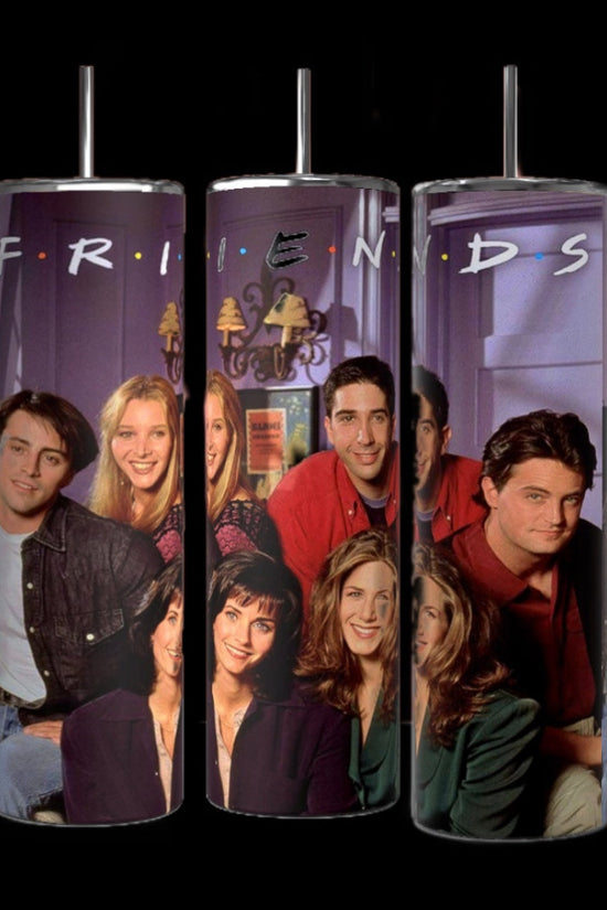 Three Kreative Kreationz Friends TV Show 20oz Tumblers in purple, featuring a blurred photograph of the main cast from 