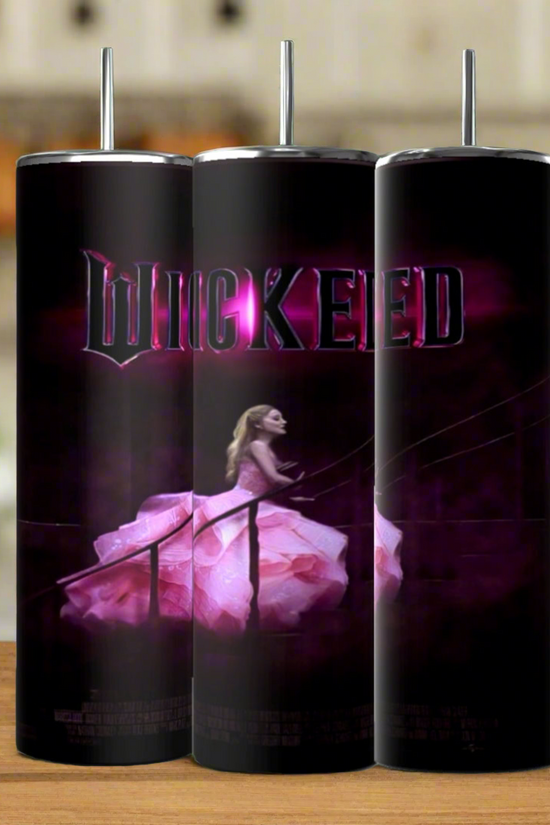 Kreative Kreationz's Wicked Glenda 20oz tumblers showcase a person in a flowing pink dress on a staircase, with 