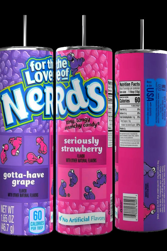 Three cylindrical containers of Nerds-flavored powder drink mix, each topped with black straws. The front container displays 