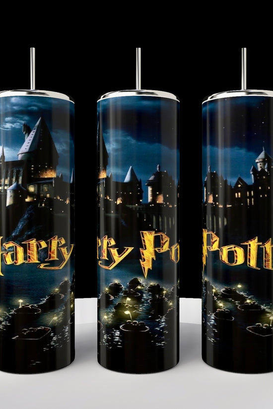 Explore Kreative Kreationz's enchanting drinkware collection, featuring the Harry Potter Tumbler. This 20 oz skinny tumbler showcases a nighttime castle scene and bold gold 