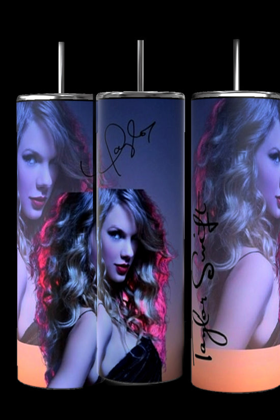 Three Taylor Swift Aesthetic 20oz Tumblers by Kreative Kreationz, each featuring the same image of a woman with wavy blonde hair and dark clothing. One tumbler includes her signature, and another has 