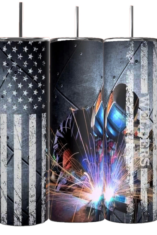 Kreative Kreationz's Welder 20oz Tumblers, from the Welders Collection, feature unique designs: a distressed American flag, a welder with sparks flying, and a combo of the flag with 
