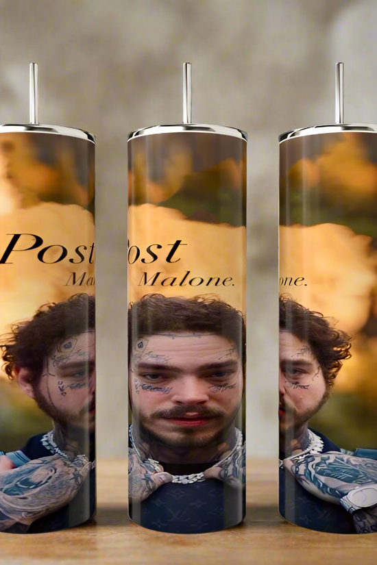 Three durable Kreative Kreationz 20oz tumblers feature a tattooed, bearded person against a warm, blurred nature scene with 