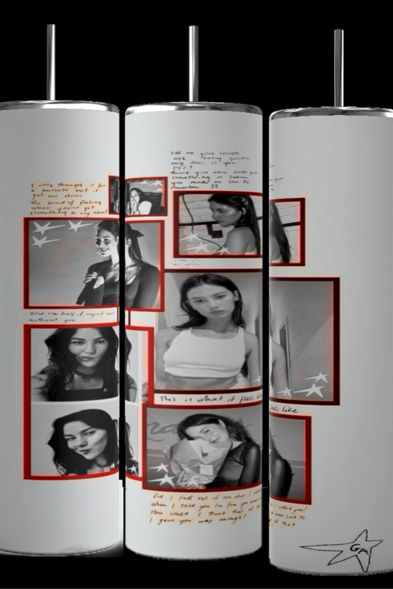 Three cylindrical art pieces, resembling the Gracie Abrams 20oz Skinny Tumbler from Kreative Kreationz, feature black-and-white photos of a woman in various poses. Each photo is surrounded by red rectangular frames, with handwritten notes and sketches decorating the margins. Crafted with durable construction, their plain gray background adds a minimalist touch.