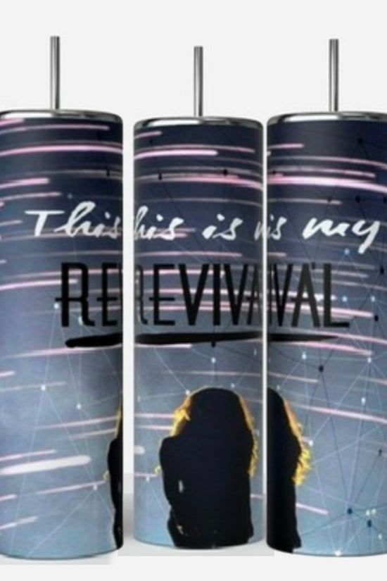 Three Selena Gomez The Revival 20oz Stainless Steel Tumblers from Kreative Kreationz feature a graphic design with the text 