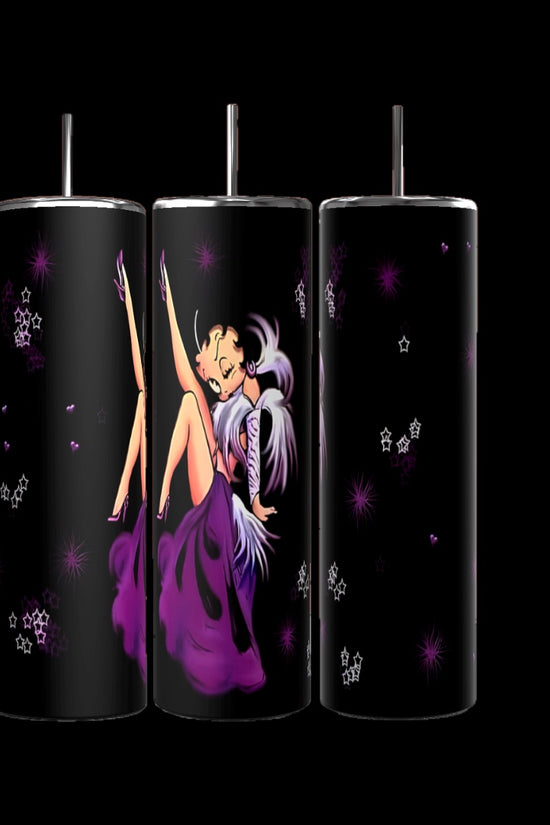 The Betty B 20oz Skinny Tumbler by Kreative Kreationz showcases a cartoon character in a purple dress with white hair against stars and sparkles, complete with a straw for stylish functionality.