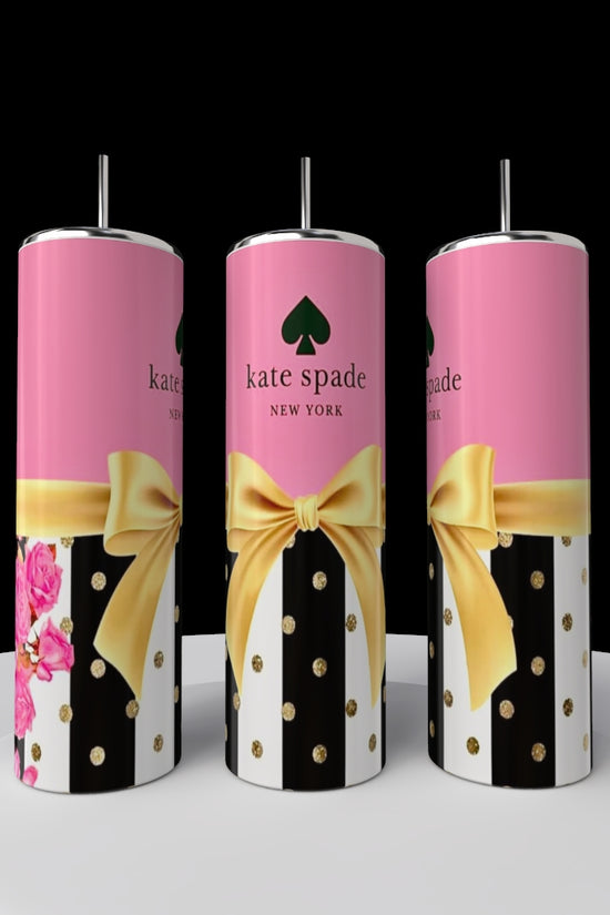 Three cylindrical Kate Spade Floral Skinny Tumblers by Kreative Kreationz have pink tops and black-and-white polka dot bottoms with yellow bows. The middle tumbler features the 