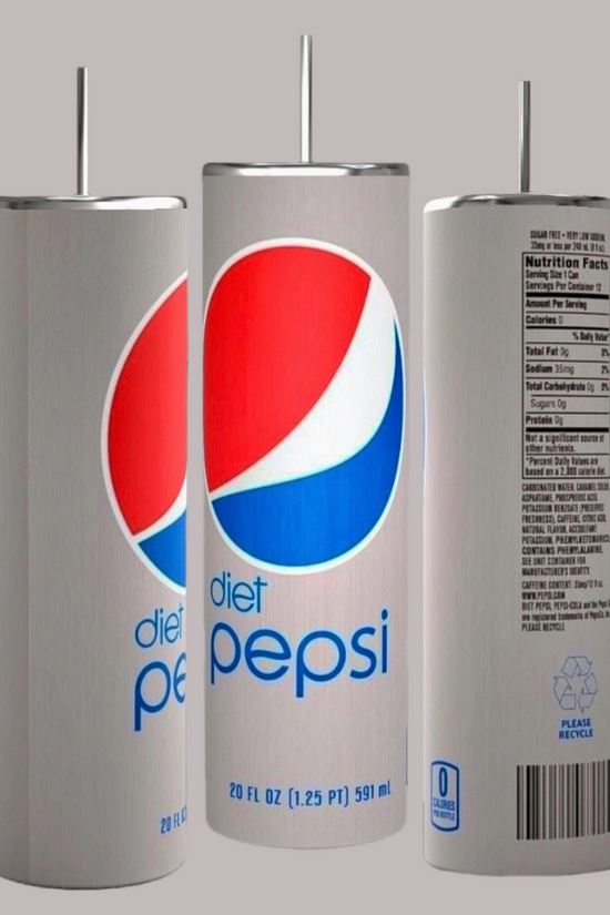 Three silver cans of Diet Cola 20oz Tumblers by Kreative Kreationz are shown against a black background. The front can displays the blue, white, and red Pepsi logo with 