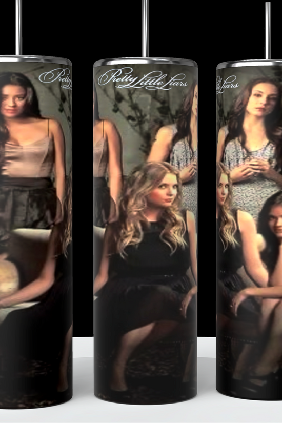 The Pretty Little Liars 20oz Tumblers by Kreative Kreationz feature a trio of tall, cylindrical tumblers adorned with a collage of four women in various poses and the 