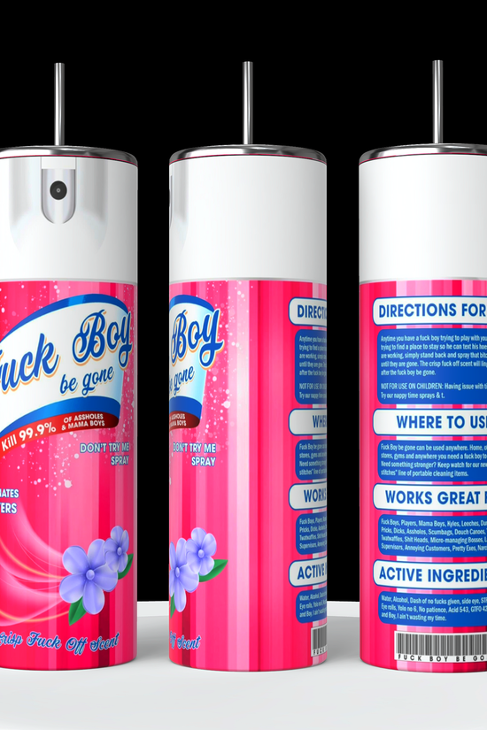 Three pink spray cans labeled 