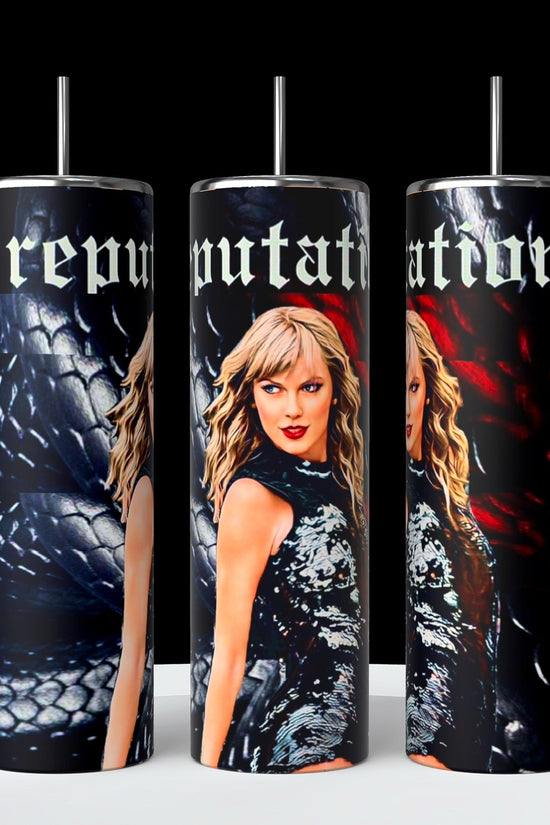 Three tall REP | Snake | Tumblers from Kreative Kreationz feature a woman with blonde hair in a black sequin outfit, the word 