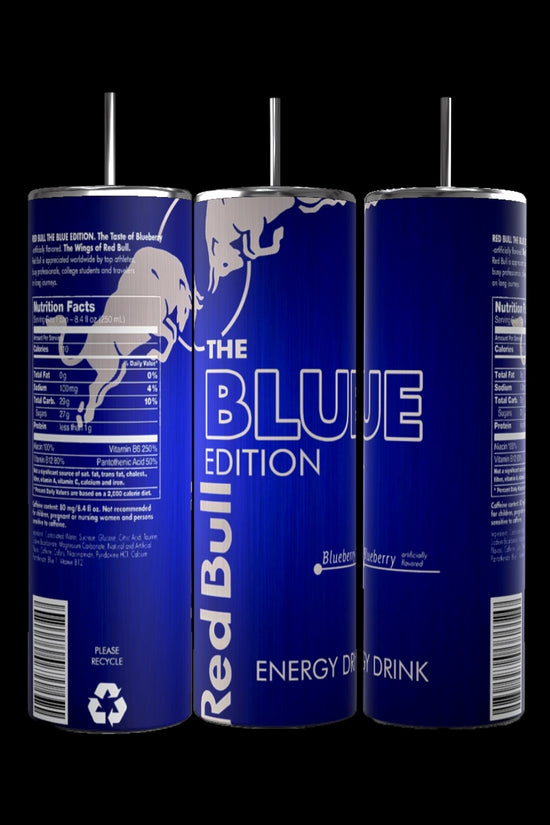 A collection of Red Bull lovers 20oz Tumblers from Kreative Kreationz, each displaying a different Red Bull flavor and distinct vibrant color. Arranged from left to right: Winter Edition (blue), Orange Edition (orange), Beach Edition (peach), Coconut Edition (white), Summer Edition (green), Original (silver), Sugarfree (white and blue stripe), and Tropical (yellow). Perfect for carrying your favorite energy drink without worrying about spills.