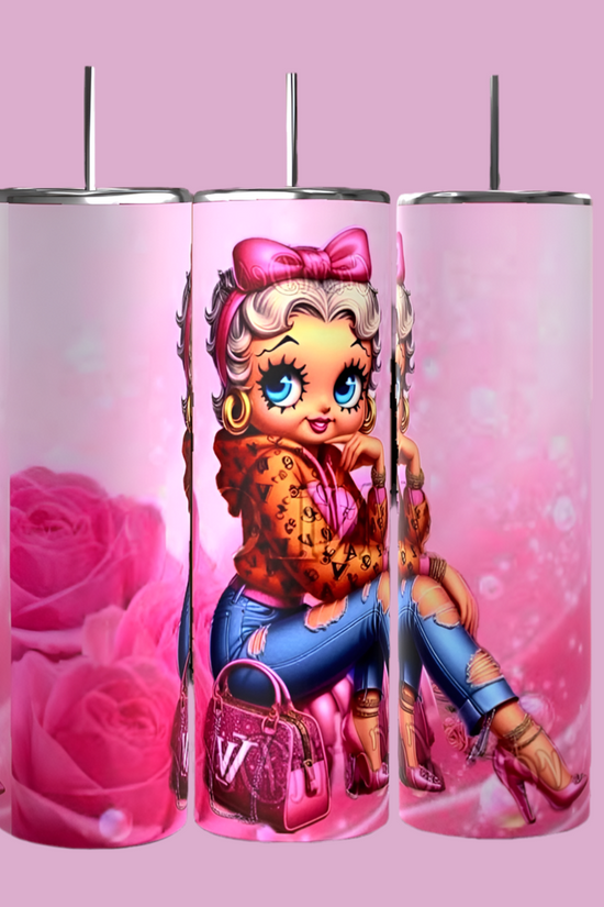 The Betty B Bougie 20oz Skinny Tumbler by Kreative Kreationz features a pink-themed design with a cartoon character in a leopard print jacket, curly hair, and pink bow. Adorned with roses and a pink handbag on a soft background, it's perfect for adding flair to your drinkware collection.