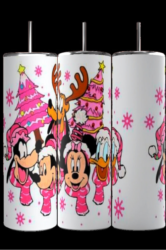 Introducing the Pink Disney Christmas 20oz Tumbler by Kreative Kreationz. This tall tumbler features cartoon characters in festive attire, complete with reindeer antlers and Santa hats, surrounded by pink Christmas trees and snowflakes, offering durable construction and a cheerful holiday theme.
