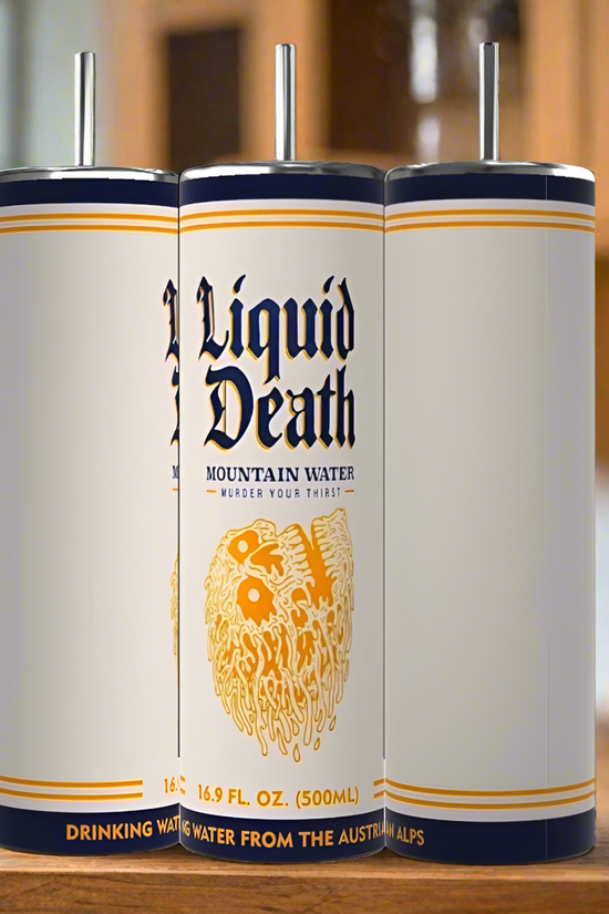 Three Liquid Death designed 20oz Tumblers from Kreative Kreationz are displayed against a black background. Each tumbler features a prominent logo with the brand name in bold blue letters and an illustration of a dripping skull. The text 
