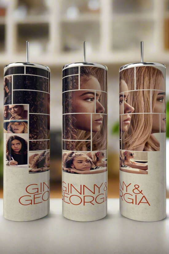 The Kreative Kreationz Ginny & Georgia 20oz tumblers are eco-friendly, reusable cups with straws, featuring close-up portraits of two women and the show’s title in orange at the bottom.