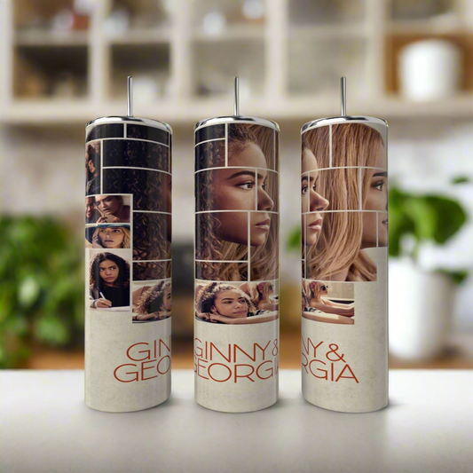 The Kreative Kreationz Ginny & Georgia 20oz tumblers are eco-friendly, reusable cups with straws, featuring close-up portraits of two women and the show’s title in orange at the bottom.