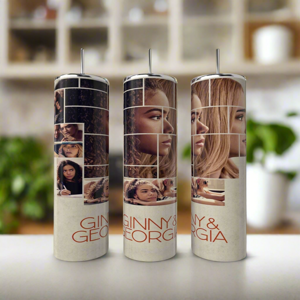 The Kreative Kreationz Ginny & Georgia 20oz tumblers are eco-friendly, reusable cups with straws, featuring close-up portraits of two women and the show’s title in orange at the bottom.