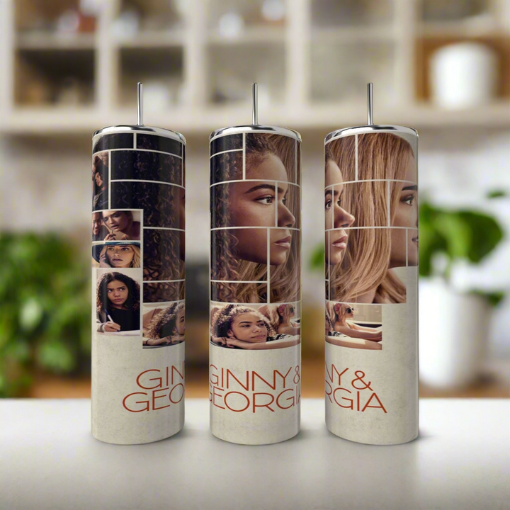 The Kreative Kreationz Ginny & Georgia 20oz tumblers are eco-friendly, reusable cups with straws, featuring close-up portraits of two women and the show’s title in orange at the bottom.