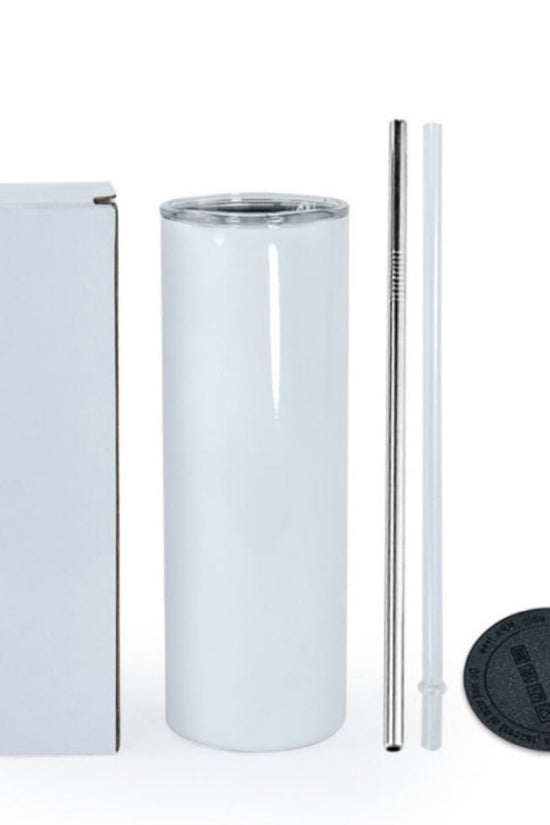 The Kreative Kreationz Starbucks 20oz Tumbler with Removable Lid Topper, in white stainless steel, includes a clear lid, reusable straw, straw cleaner, black rubber coaster, and comes in a plain white box, mirroring the sleek design of a Starbucks tumbler.