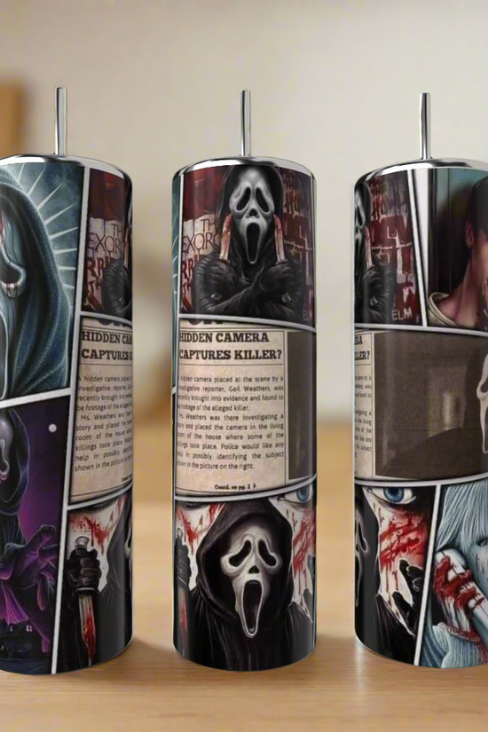 The Ghostface 20oz Tumbler by Kreative Kreationz showcases comic-style Scream art, dramatic scenes, and blood splatters—crafted as reusable drinkware, set against a wooden surface with a blurred background.