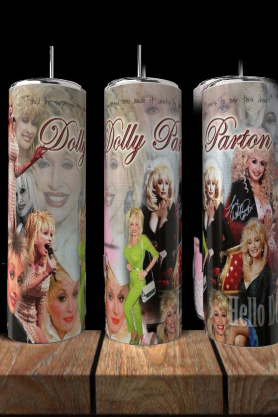 Three Kreative Kreationz Dilly Parton 20oz Skinny Tumblers with straws display multiple images of Dolly Parton in various outfits and her name in script, shown on a wooden surface against a black background. Perfect for any fan!.