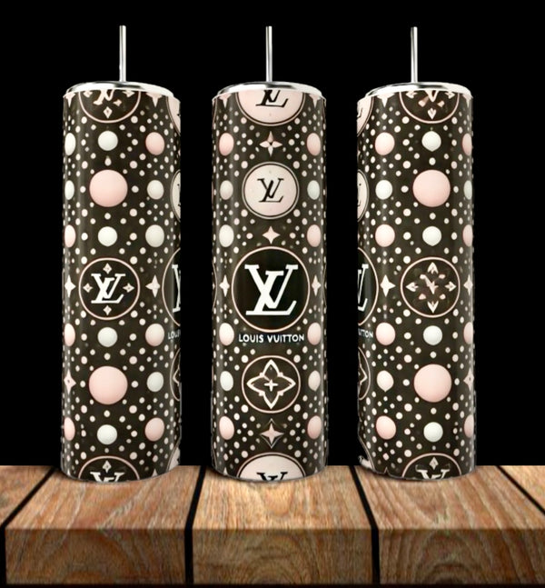 Three LV Pink & Black Abstract 20oz Tumblers by Kreative Kreationz, featuring stylish polka dot patterns and LV logos, stand on a wooden surface—luxury drinkware perfect for any chic setting.