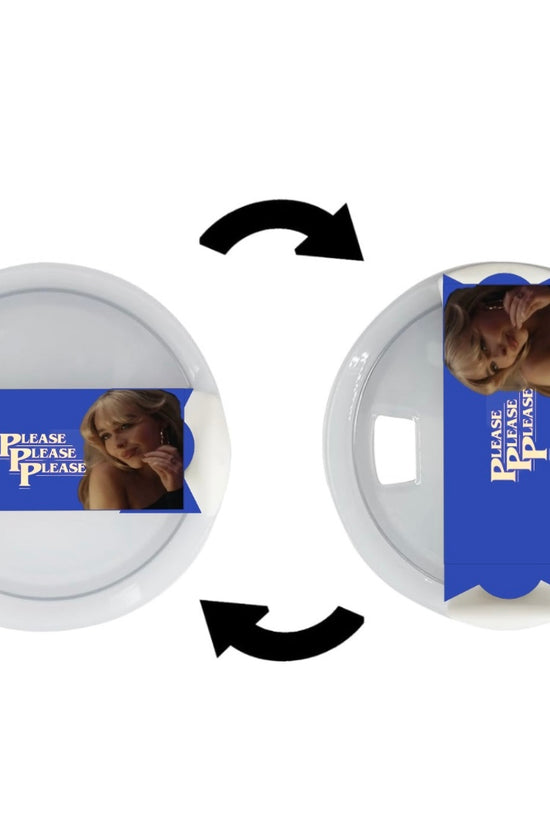 The images depict a circular white object wrapped with a blue band reading 