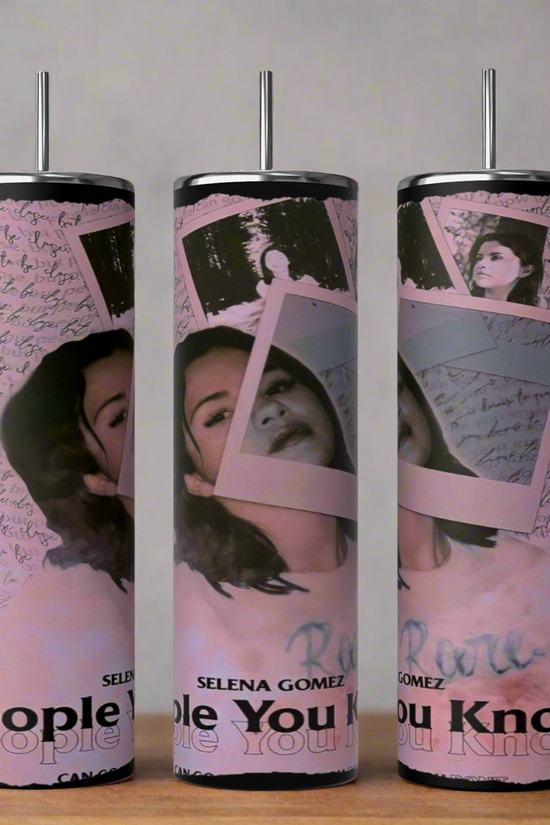 The Kreative Kreationz Selena Gomez People You Know 20oz Stainless Steel Tumbler features a collage of her photos, handwritten text, and bold lettering on a soft pink background—perfect reusable drinkware for any fan.