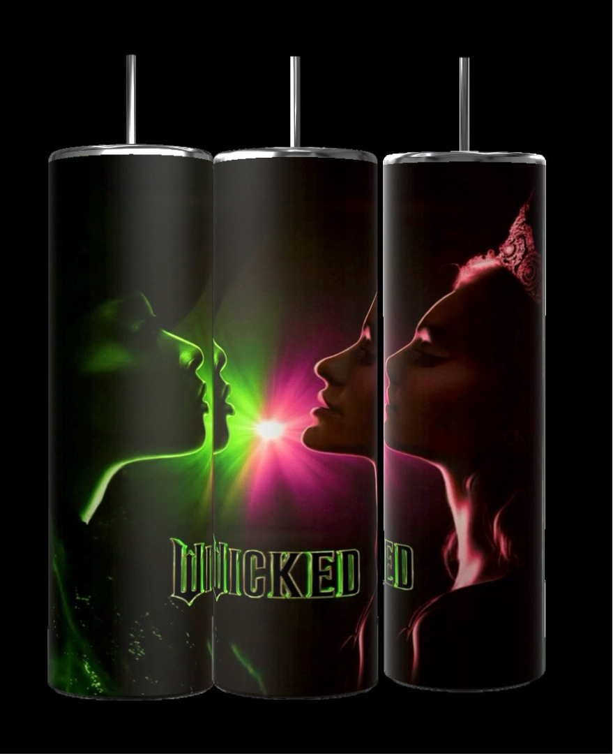 The Kreative Kreationz "Wicked Face-Off" features three 20oz stainless steel tumblers with dark designs of women's profiles, accented by green and pink lights. The word "WICKED" enhances the dramatic look, with ornate patterns crafted using sublimation printing for vivid detail.