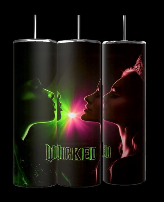 The Kreative Kreationz "Wicked Face-Off" features three 20oz stainless steel tumblers with dark designs of women's profiles, accented by green and pink lights. The word "WICKED" enhances the dramatic look, with ornate patterns crafted using sublimation printing for vivid detail.