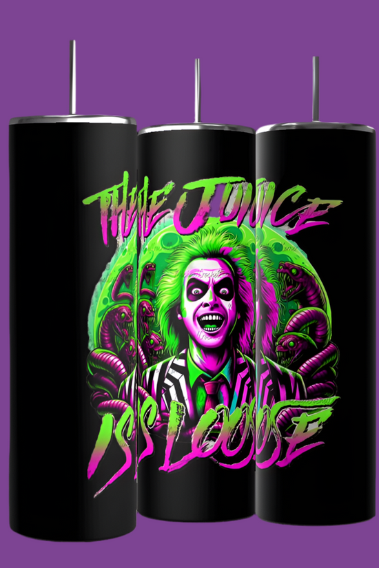 The Kreative Kreationz black Beetlejuice tumblers feature vibrant illustrations of a green-haired character in a striped suit on a purple background. With 20 oz capacity, they display 