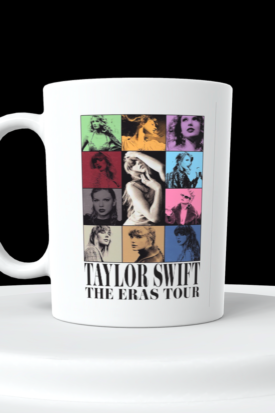 The Taylor Swift ERAS Ceramic Mug by Kreative Kreationz features a vibrant collage of colorful square photos and monochrome images of the iconic singer. The text 