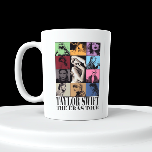The Taylor Swift ERAS Ceramic Mug by Kreative Kreationz features a vibrant collage of colorful square photos and monochrome images of the iconic singer. The text "Taylor Swift The Eras Tour" adorns it, making it an ideal gift for Swifties to cherish timeless memories.