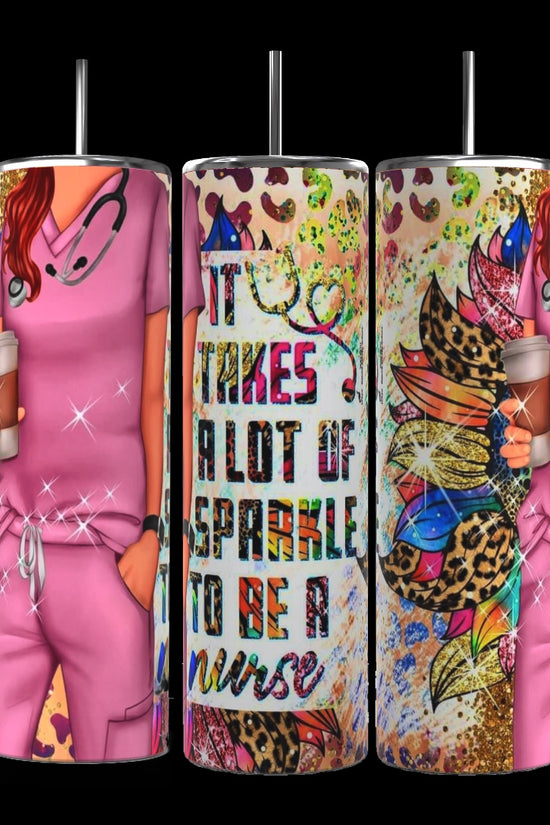 The set includes three 20 oz tumblers in blue from Kreative Kreationz, each adorned with medical-themed designs like stethoscopes, syringes, bandages, and a 