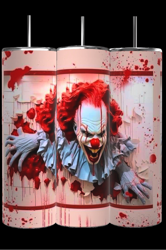 A set of three 20 oz tumblers from the Kreative Kreationz IT Halloween Series features a menacing clown with red hair and face paint, emerging through a blood-spattered background. The design shows the clown tearing through a white textured surface, enhancing the horror theme. Each tumbler includes a spill-proof lid.