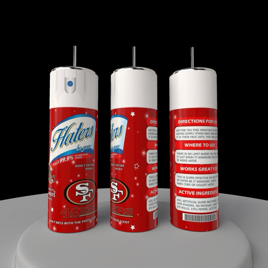 Three SF 49ers Haters 20oz Tumblers from Kreative Kreationz are elegantly displayed on a round platform against a black background, featuring red and white "Haters Begone" text beside San Francisco 49ers logos. Eco-friendly with instructions and details included.
