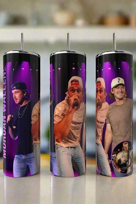 The Kreative Kreationz Morgan Wallen 20oz Tumblers showcase photos of the singer on stage in various outfits with a purple and black theme, crafted from eco-friendly materials—ideal for any country music fan.