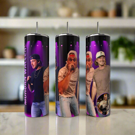 The Kreative Kreationz Morgan Wallen 20oz Tumblers showcase photos of the singer on stage in various outfits with a purple and black theme, crafted from eco-friendly materials—ideal for any country music fan.