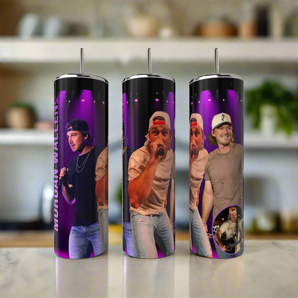 The Kreative Kreationz Morgan Wallen 20oz Tumblers showcase photos of the singer on stage in various outfits with a purple and black theme, crafted from eco-friendly materials—ideal for any country music fan.