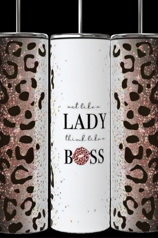 A collage features nine colorful Boss Lady 20oz Tumblers with Reusable Straw and Lid designs with 