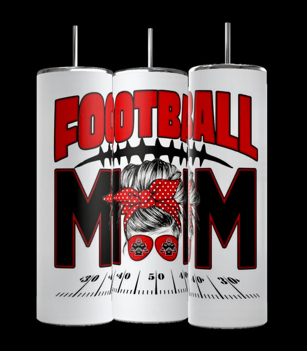 Kreative Kreationz offers a set of three 20oz white Skinny Tumblers, each featuring bold red and black "Football Mom" lettering. A woman with a red polka dot bandana and football-themed glasses is illustrated between the words, with a football field graphic at the bottom. Includes spill-proof lids.