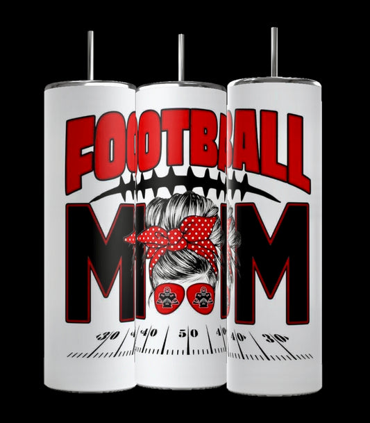 Kreative Kreationz offers a set of three 20oz white Skinny Tumblers, each featuring bold red and black "Football Mom" lettering. A woman with a red polka dot bandana and football-themed glasses is illustrated between the words, with a football field graphic at the bottom. Includes spill-proof lids.